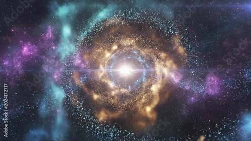 Abstract cosmic vortex with colorful bokeh lights and starry nebula
