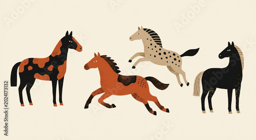 Bild auf Leinwand Hand-drawn folk art horse vector set, rustic galloping stallion illustrations, 4