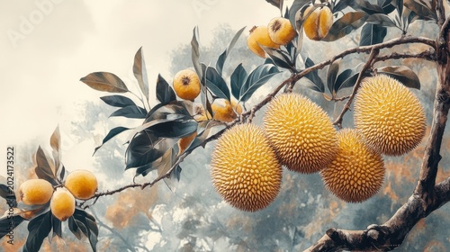Durian and Yellow Fruits on a Branch