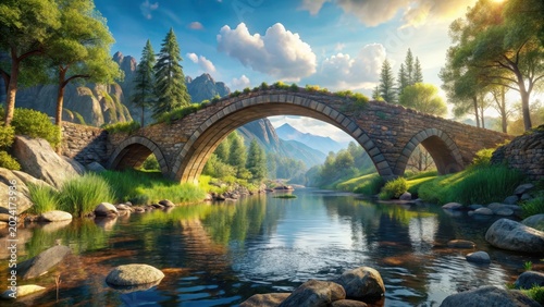 Arched stone bridge over a tranquil river in a fantasy landscape