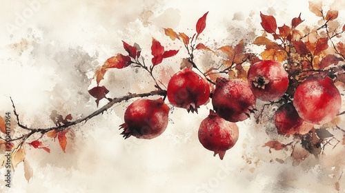 Watercolor Painting of Pomegranates on a Branch