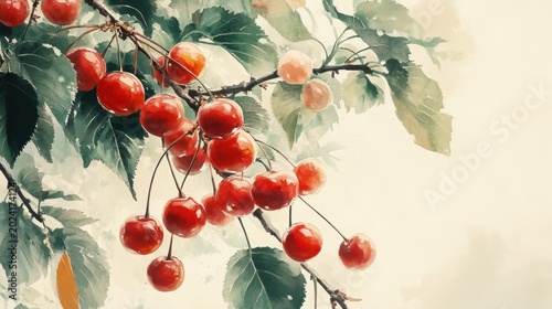 Watercolor Painting of Cherries on a Branch