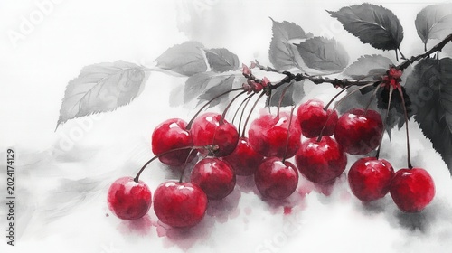 Watercolor Painting of Cherries on a Branch