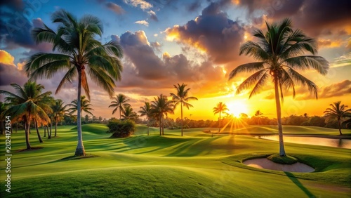 Beautiful sunset on golf course with green grass field and palm tree