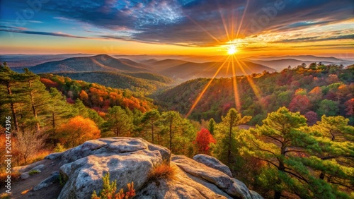 Sunrise in november over scenic mountaintop in ouachita national forest