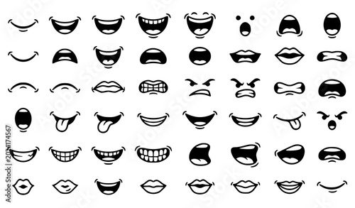 Quadro su tela Black and White Cartoon Mouth Expressions Collection Featuring Funny Comic Lip a
