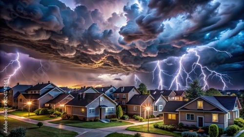Night storm over suburban homes