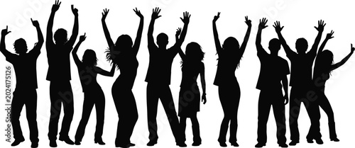 Fotografía Dancing People Silhouette Collection with Party Crowd Friends Celebration Music