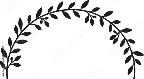 Black leafy branch, foliage wreath, vector border, leaf outline