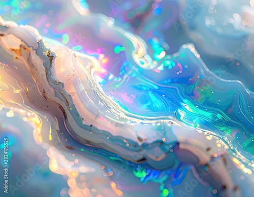 Abstract swirling colors with iridescent highlights and bokeh effects.