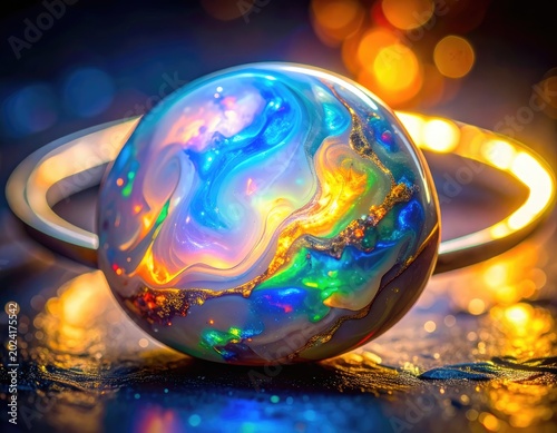 A cosmic sphere with swirling nebulae and golden accents sits within a planetary ring, illuminated by bokeh lights.