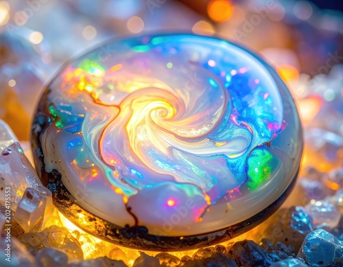 A mesmerizing iridescent orb with swirling colors rests on a bed of sparkling crystals.