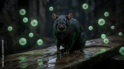 Black Rat on Wet Wooden Plank with Floating Green Hantavirus Virus Particles in Dark Environment