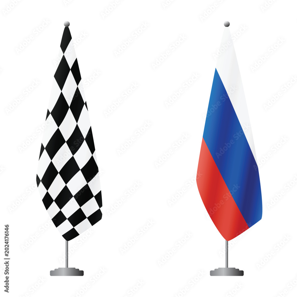 Fototapeta premium Checkered and Russia flags on flagpoles for official ceremonies and meetings, transparent background vector