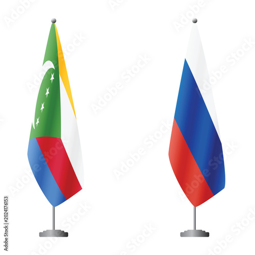 Tableau sur toile Comoros and Russia flags on flagpoles for official ceremonies and meetings, tran