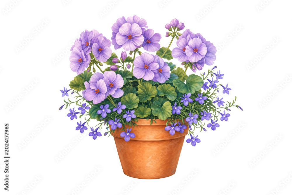 Fototapeta premium Blooming purple geranium and lobelia flowers growing in a terracotta pot creating a fresh floral display