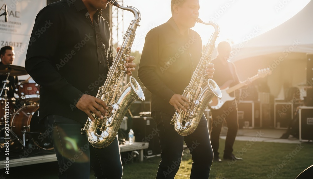Obraz premium Person playing saxophone on a sunny outdoor stage