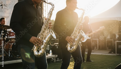 Person playing saxophone on a sunny outdoor stage