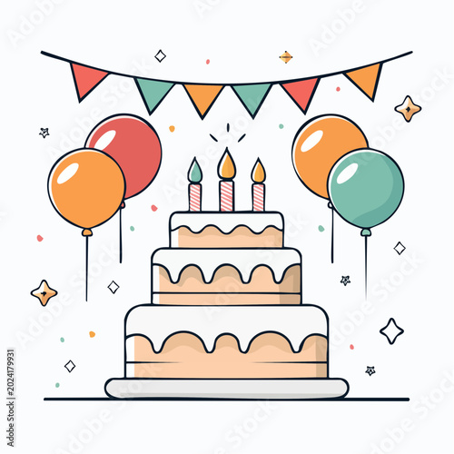 Birthday Cake with Candles and Balloons