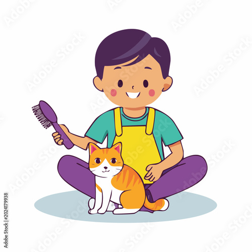 Boy Brushing Orange Tabby Cat