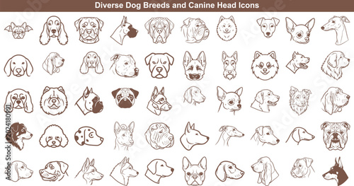 Set of diverse dog breed head icons in simple line art style for pet projects