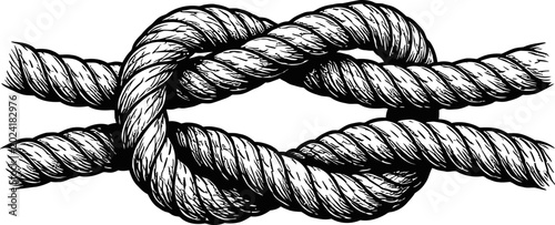 Close-up detail of a nautical knot tied with thick rope, showing intricate twists and turns, ideal for maritime themes or securing concepts