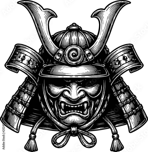 Detailed black and white engraving of a samurai kabuto helmet featuring a fierce warrior mask and ornate crest. Symbol of honor and historical battle gear.