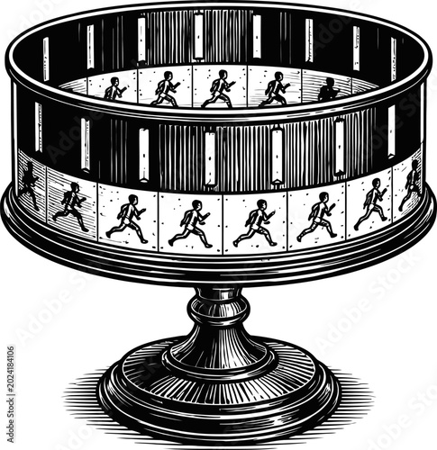 Zoetrope antique toy, optical illusion device showing sequence of running figures, vintage animation precursor, historical entertainment