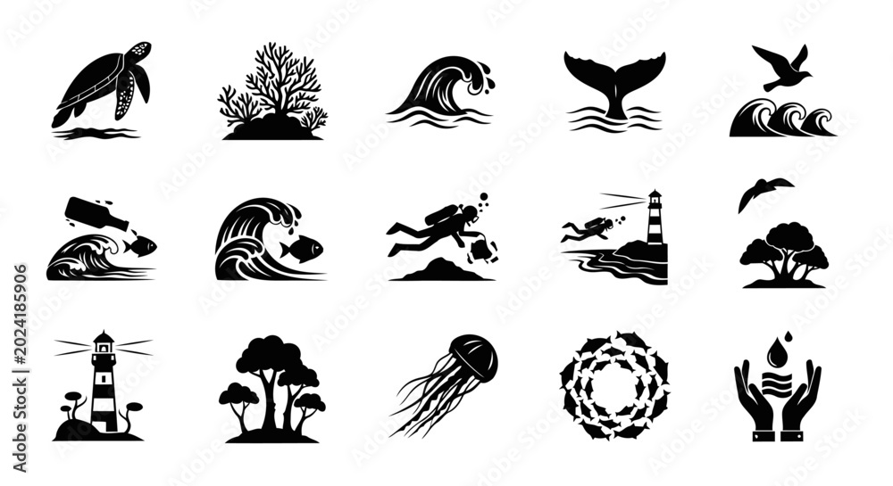 Obraz premium Ocean Awareness Silhouette Icons World Oceans Day Marine Environment Set 15 Vector