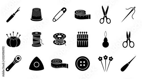Sewing tools icon set with thread spools, scissors, thimble, tape measure, buttons, and needlework accessories in black line style