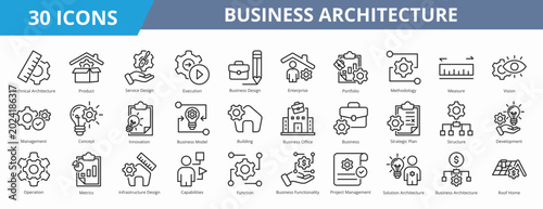 Set of outline style business architecture icon. A collection of icons suitable for web and mobile application. Including management, concept, innovation, business model, building, and more.