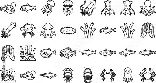 Foto Deep sea animals and marine biology creatures feature in this collection of aquatic life icons