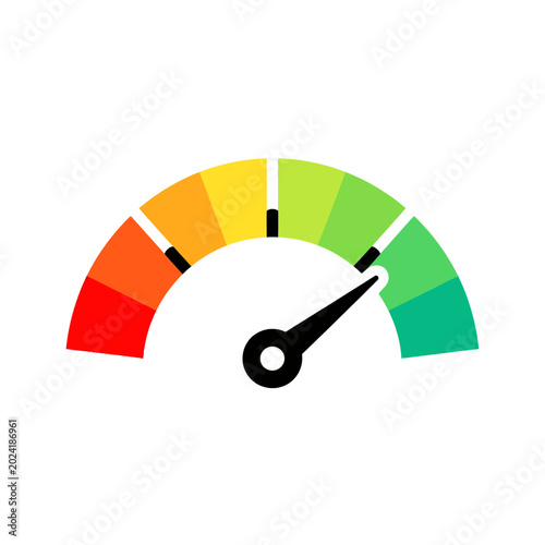 A colorful gauge shows different levels of performance, with a needle pointing to the right side