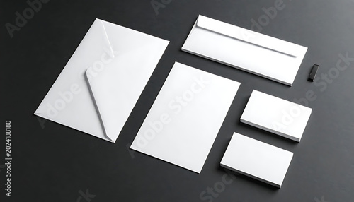 Blank stationery set including letterhead, envelopes and business cards on dark background, corporate identity mockup, clean presentation