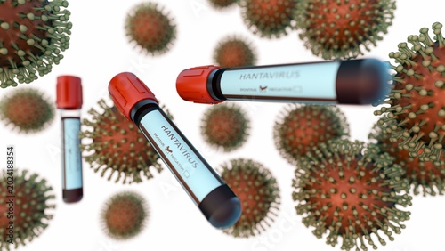 Foto A 3D medical illustration of blood collection tubes with caps labeled HANTAVIRUS and spiked hantavirus macromolecule