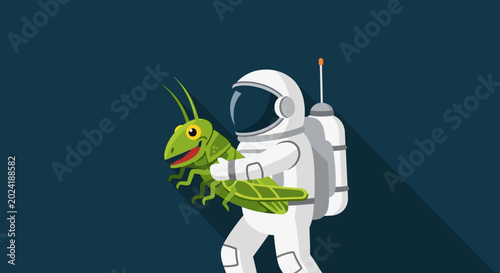 Cuadro en lienzo Astronaut holding a green grasshopper in space, funny science fiction concept