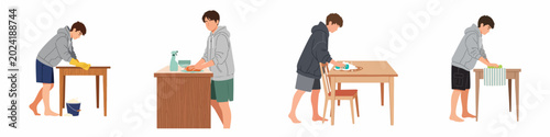 Foto Set of young men performing household chores like cleaning tables and washing dishes, isolated on white background, housekeeping concept illustration