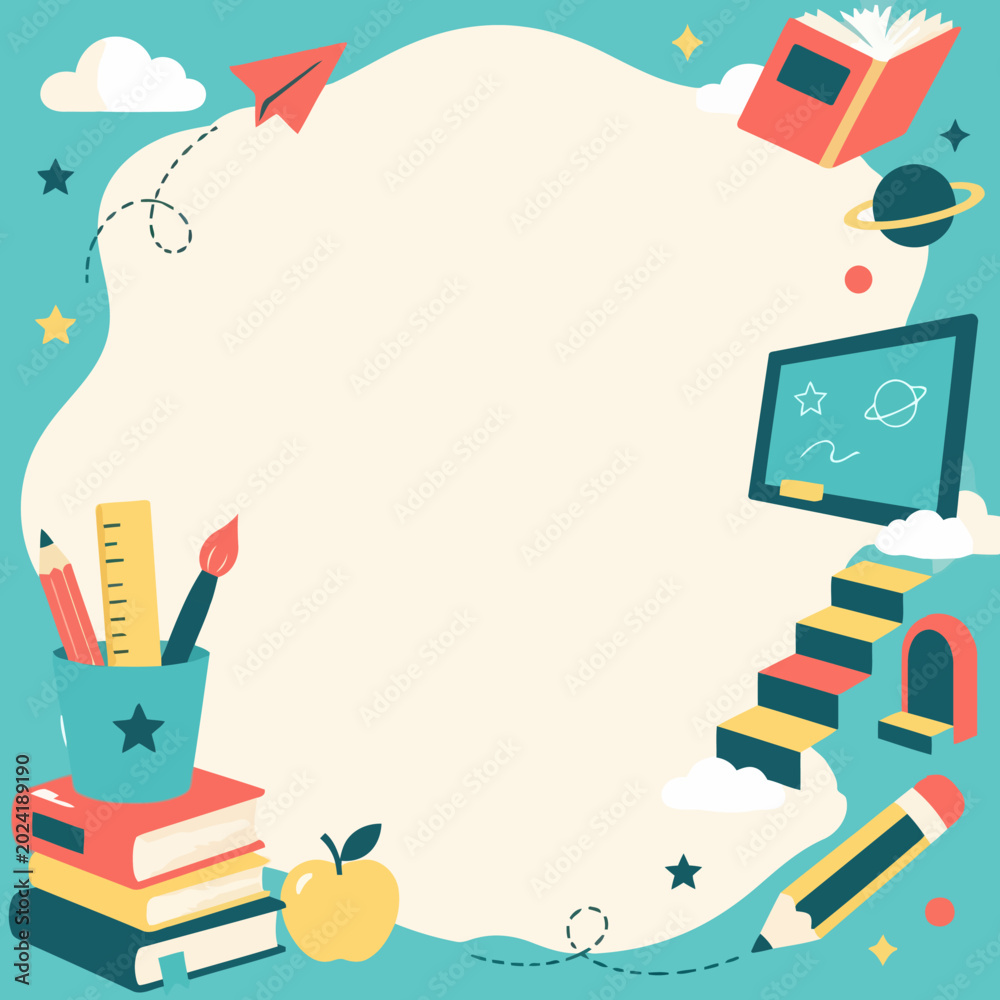 Fototapeta premium Educational icons and school supplies frame around a central copy space for back to school announcements or posters.