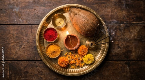 Hindu Puja Thali Essentials: A traditional brass puja thali laden with offerings including a coconut, diya lamp with flame, vermilion powder, turmeric powder, incense sticks, and marigold flowers.