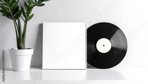 Blank white album cover with vinyl record and green potted plant on a shelf, music or art concept