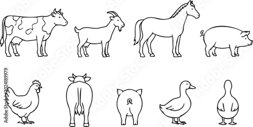 Set of black and white line art farm animals including cow goat horse pig chicken and duck for coloring pages