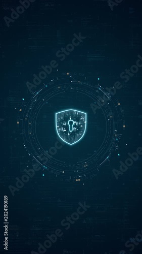 Motion graphic of cybersecurity shield, data protection and digital security with glowing HUD interface, rotating tech elements, vertical format for business technology promotion.