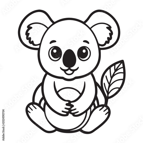 Canvas Print Cute koala sitting holding eucalyptus leaf