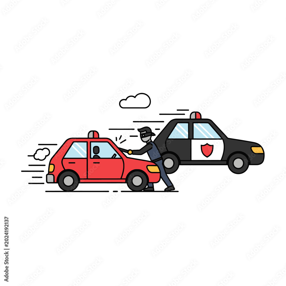 Fototapeta premium A cartoon illustration depicts a chase scene between a police vehicle and a criminal car