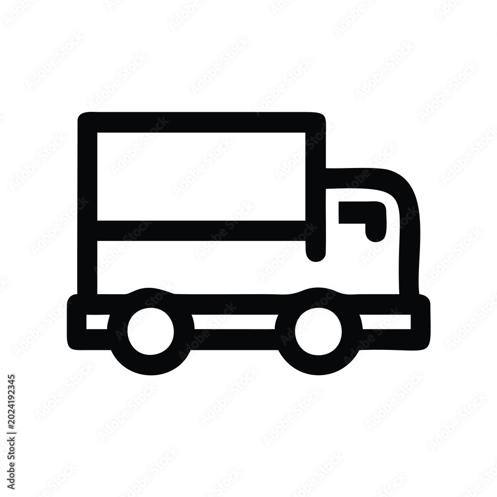Fototapeta premium Simple black truck icon with trailer vector - Minimalist line art vector icon of a black delivery truck pulling a trailer on wheels.