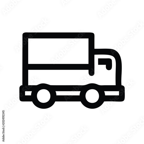 Simple black truck icon with trailer vector - Minimalist line art vector icon of a black delivery truck pulling a trailer on wheels.