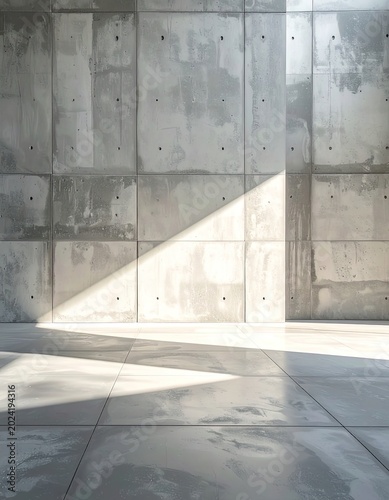 Minimalist concrete interior with dramatic light and shadow play.