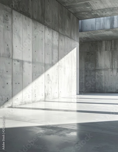 A modern architectural space with brutalist concrete walls and floors.