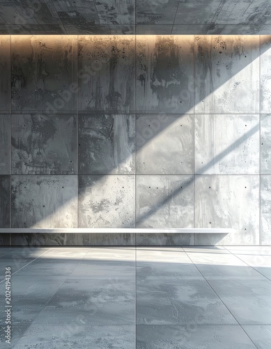 A minimalist interior featuring concrete walls and floors with natural light.