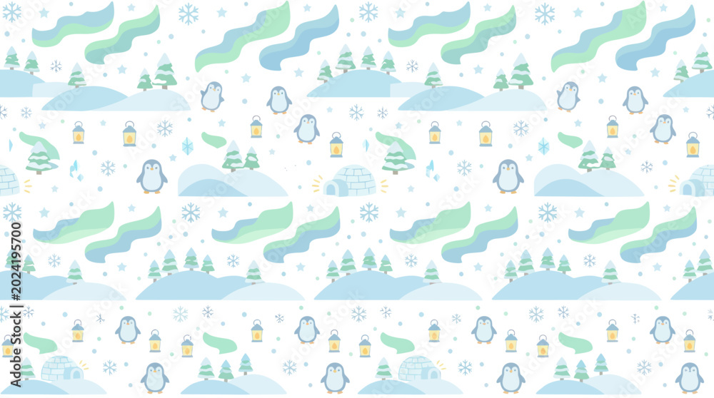 Obraz premium Cute Winter Arctic Penguin Aurora Borealis Seamless Pattern Flat Style